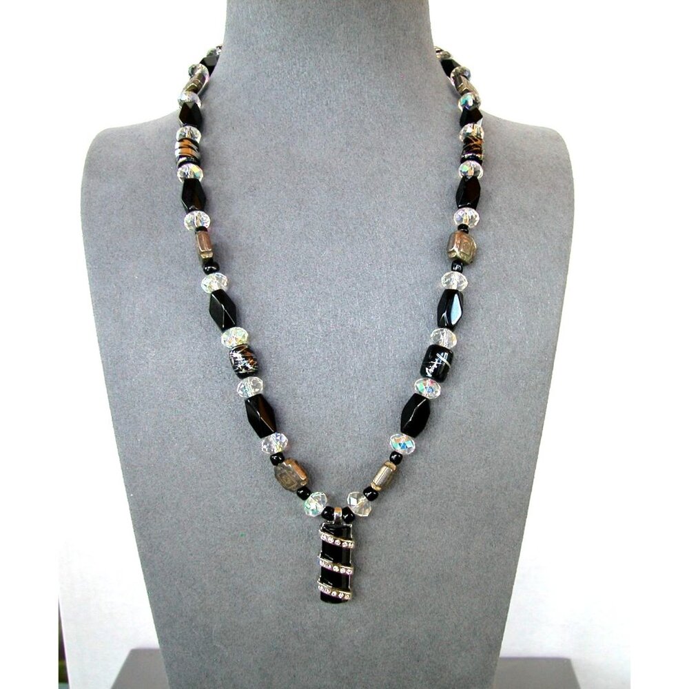 Black & Silver Beaded Necklace With Pendant 18 inches